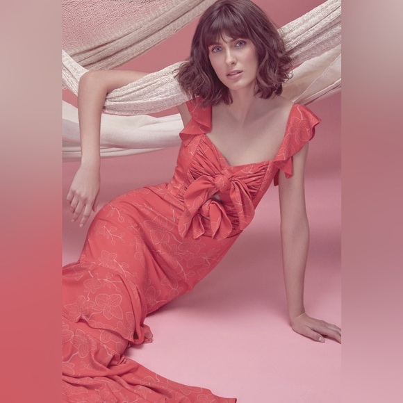 No Pise La Grama Sz 8 Luna Bonita Red Ruffle Orchid Floral Print Maxi Dress - Picture 2 of 13